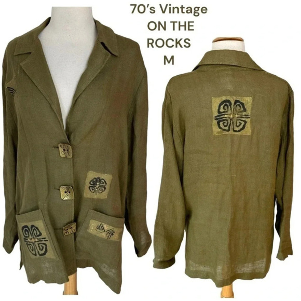 On The Rocks Vintage 70s Linen Jacket M Green Boho Block Print Button Up Shacket